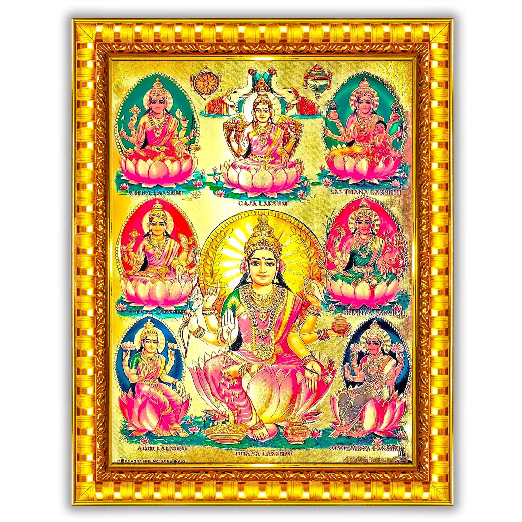 Ashtalakshmi Ashta Lakshmi Astalaxmi Devi Golden Foil Wall Painting Framed (Glass,Wood,Small Size,6 x 8 Inch) G126S