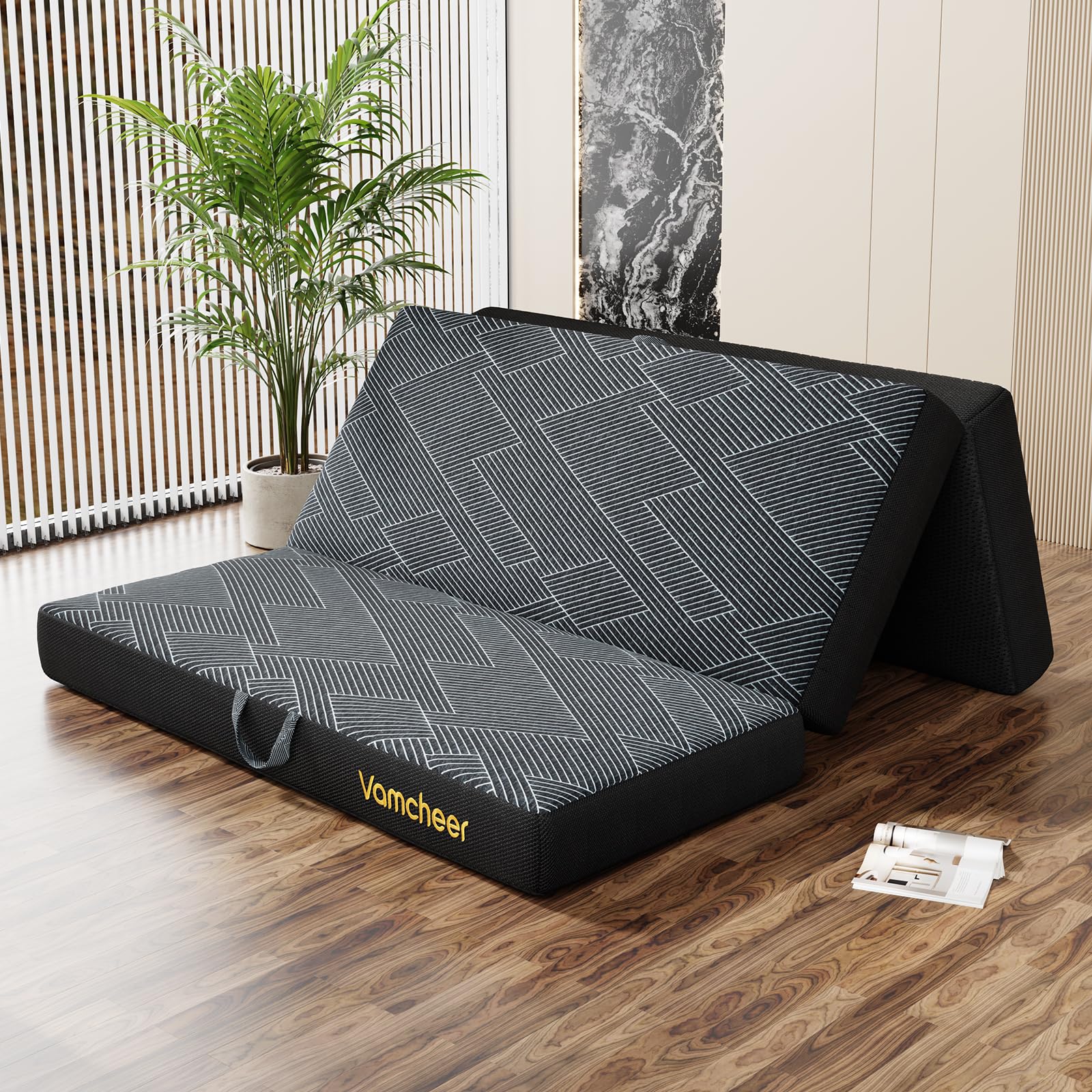 Vamcheer Colchón Plegable Triple - Colchón Versátil para Huéspedes Espuma Extra Gruesa (15 cm), Lavable, Plegable, Adultos, Colchón de Viaje con Asa de Transporte 120x195