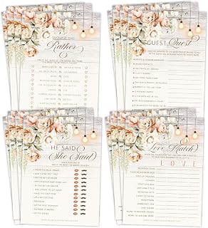 Your Main Event Prints Rustic Wood and Floral Wedding Bridal Shower Games - Would She Rather, Guest Quest, He Said She Said, and Love Match - 25 Games Cards Per Game