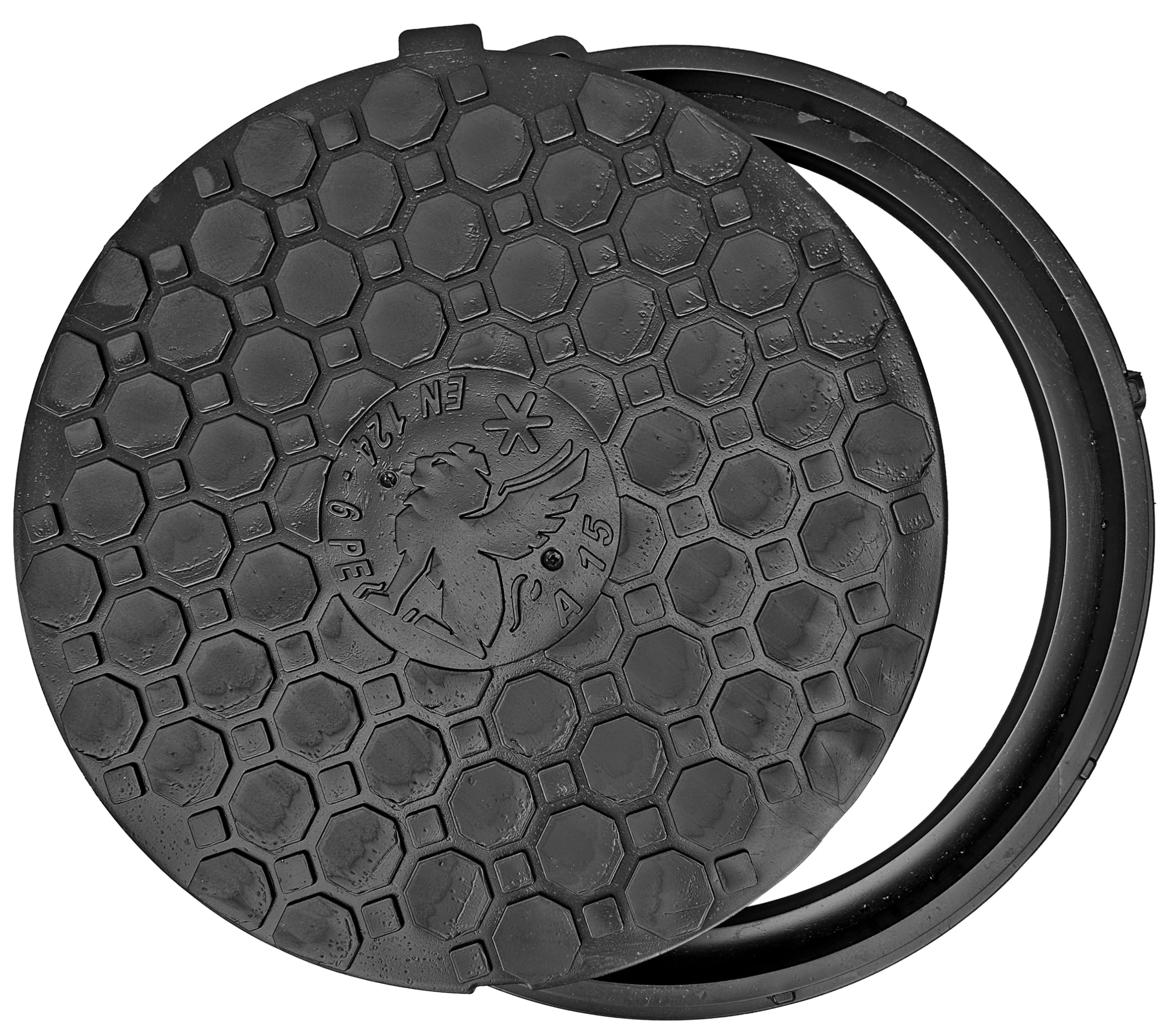 Tapa de pozo Ø500, Tapa de Alcantarilla Redonda A15, Tapa de registro y Tapa de arqueta de Plástico DN500/620 EN-124, Carga max 1500 Kg, BabylonPlast (Negro)
