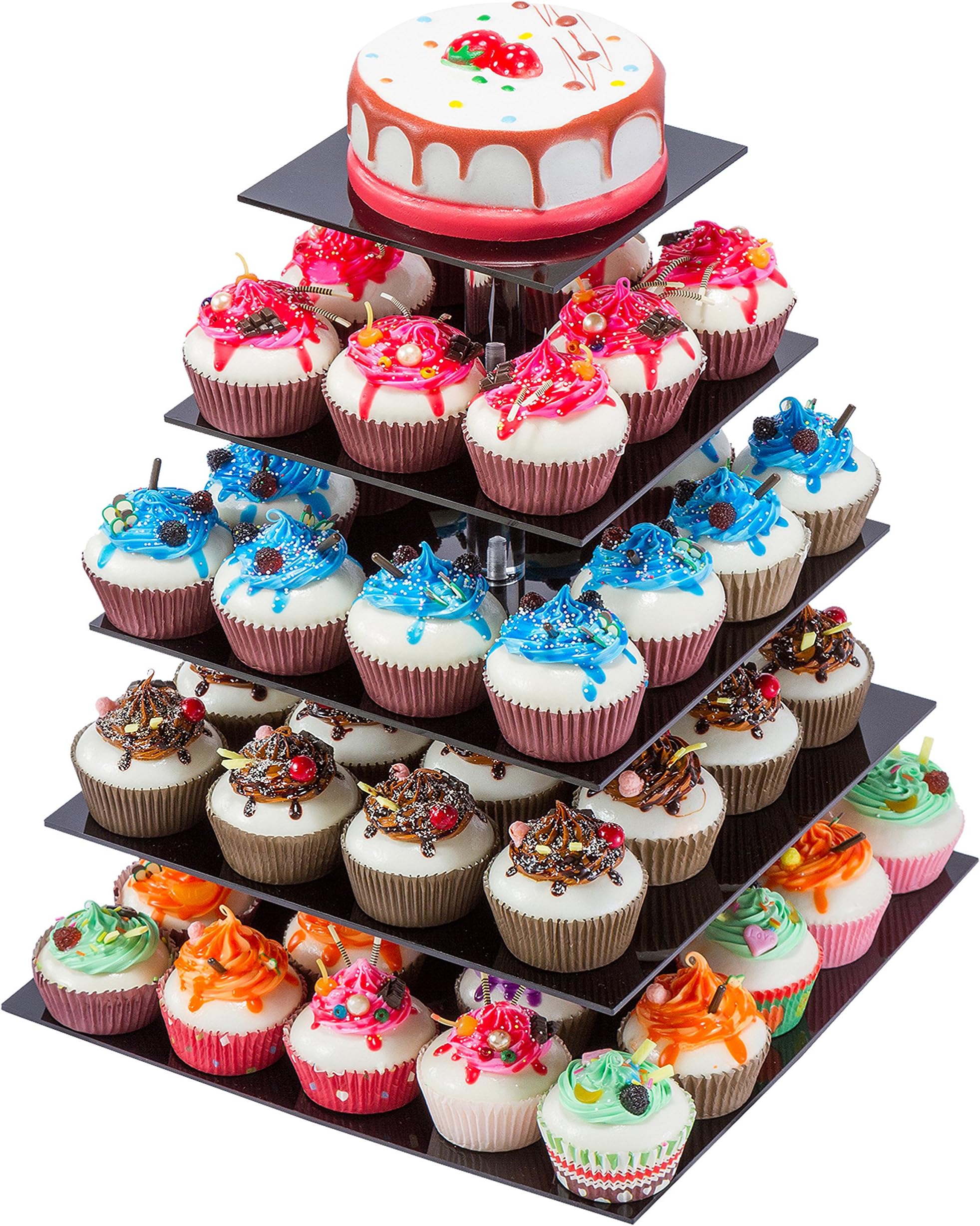 SinoAcrylic Cupcake Stand - 5 Tiers Square Cupcake Tower - Tiered Serving Dessert Cake Holder - Unique Black Exquisite Plate - Perfect for Wedding, Birthday, Party, Baby Shower and Christmas