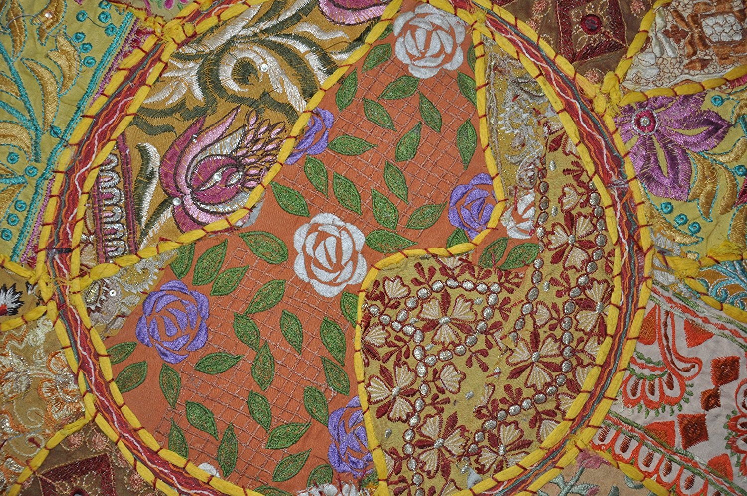 Sophia-Art Indian Embroidered Patchwork Cover Indian Decorative Pouf Indian Comfortable Floor Cotton Cushion Ottoman Pouf,Indian Designs Ethnic Patchwork Pouf (Yellow, 18"x13") 1
