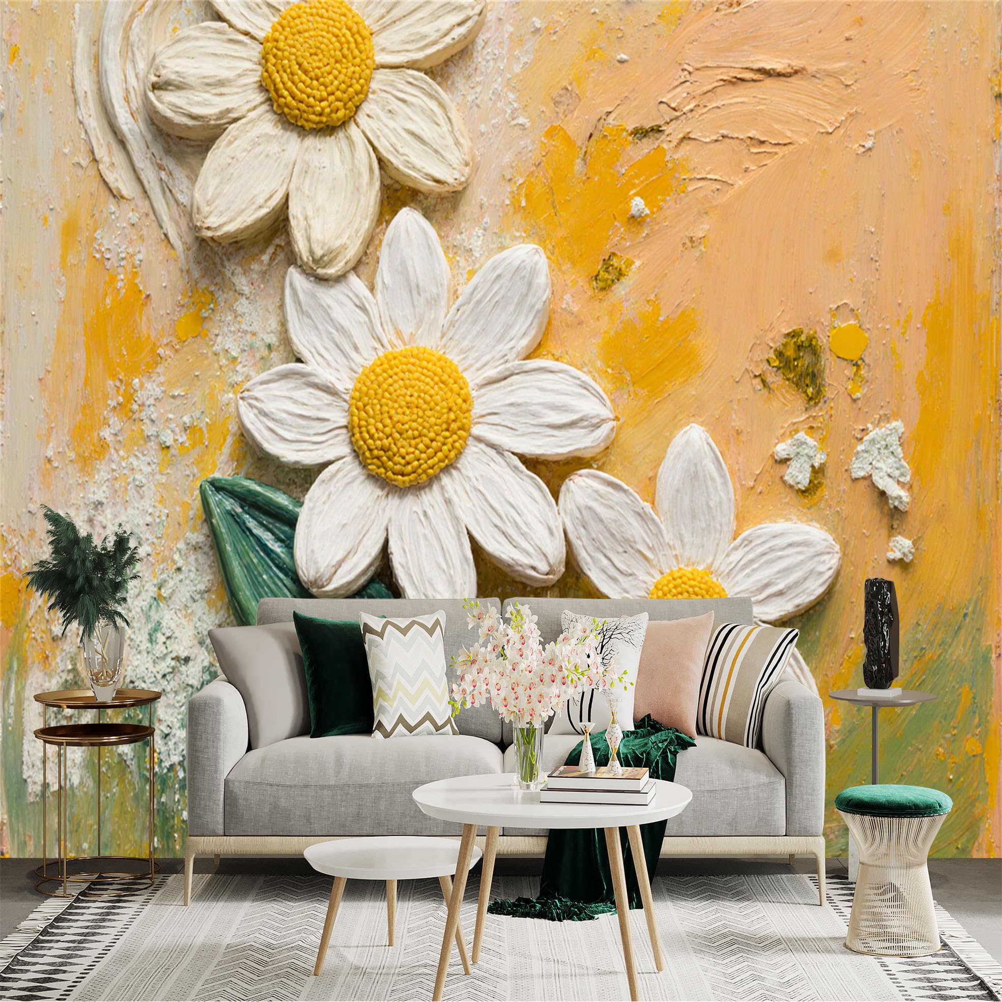 Custom Size Wall Sticker Mural， Textured White Daisy Flowers， Impasto Oil Painting Style， Botanical Art， Rustic Yellow Background， for wall Decoration， peelandstick wall Decals.