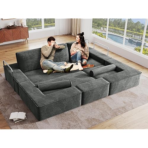 DWVO 103" Cloud Sectional Sofa, Corduroy Convertible Couch with Deep Seats & Tall Pillows, Modern Modular Sofa for Living Room Bedroom, Easy-Clean Gray Design