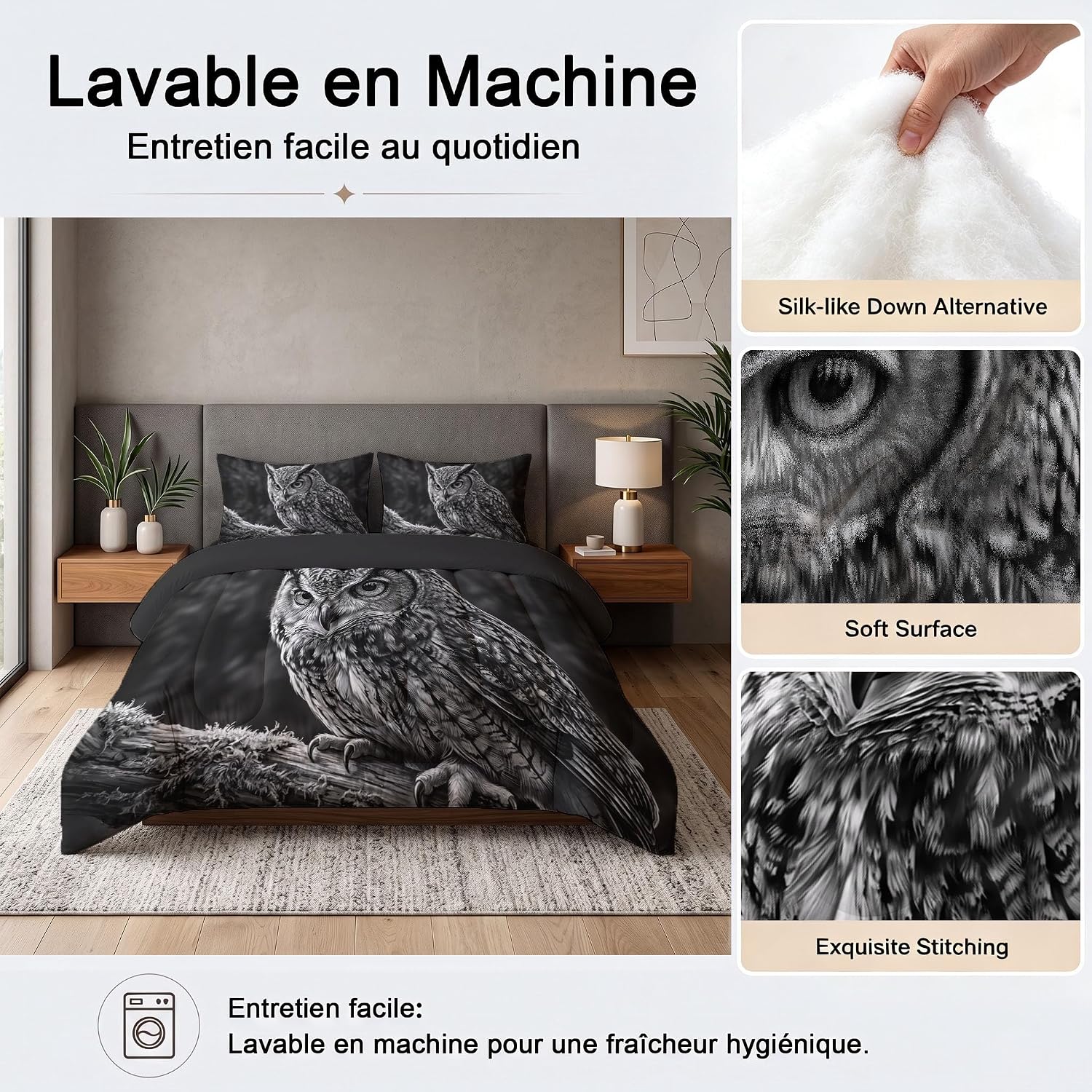 Realistic Birds Quilt Set King 3 Pieces, Black and Gray Quilts Bedding Set Owl Bedspread Bed Cover Lightweight Spring Summer Beds Coverlet for All Season - 104"X90"