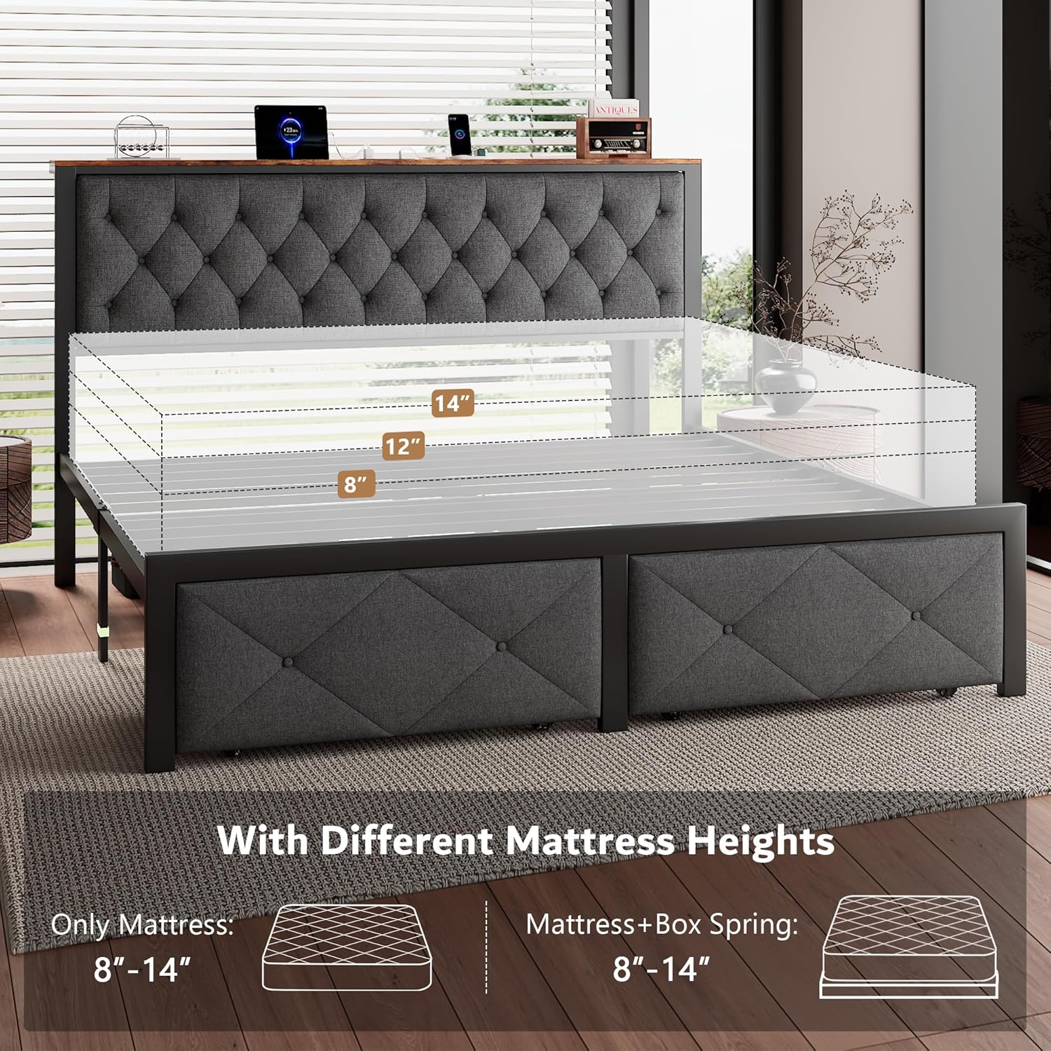 iPormis King Bed Frame with 2 Storage Drawers, Linen Upholstered Headboard Platform Bed with Charging Station, No Box Spring Needed, Metal Slats Support, Noise-Free, Easy Assembly, Grey