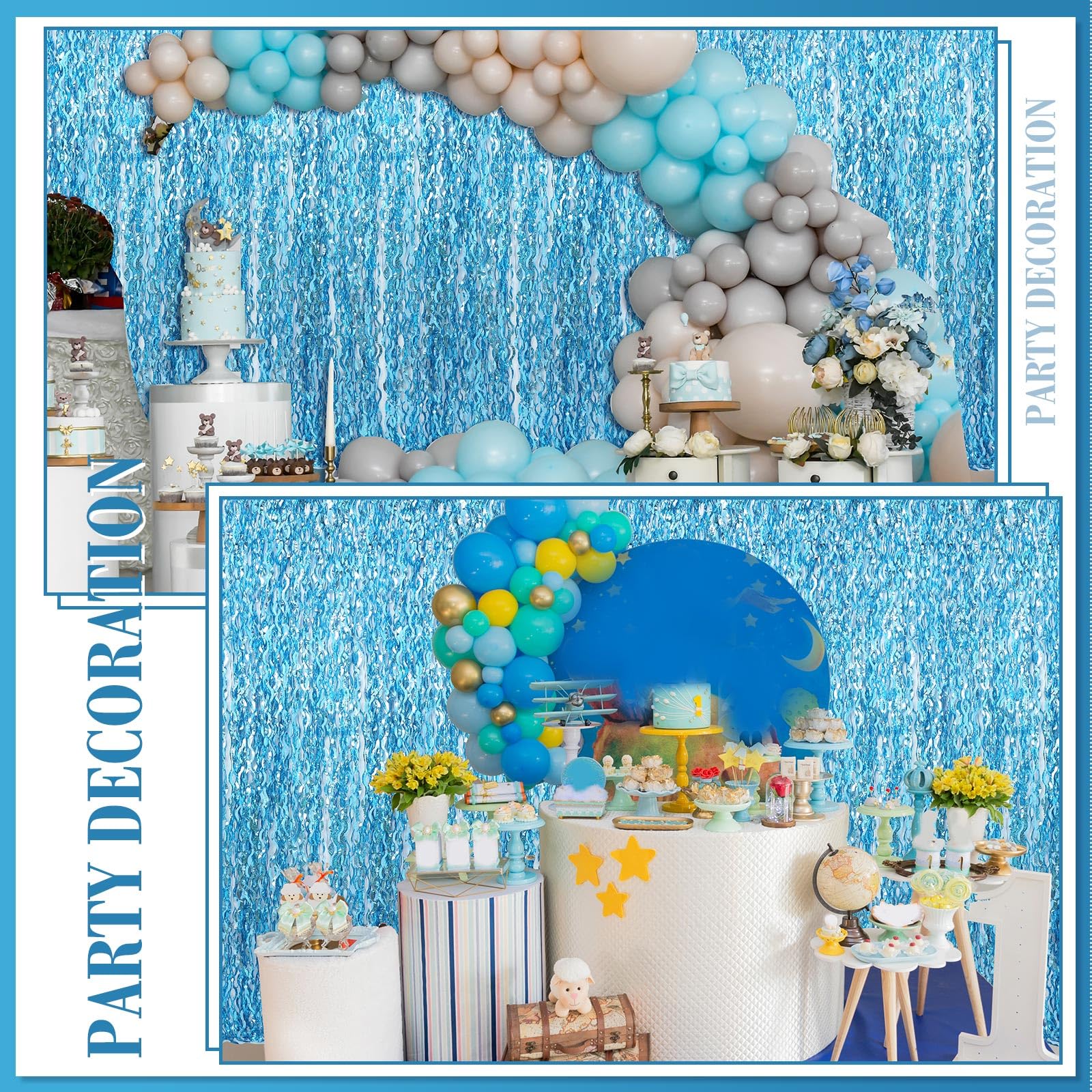 Newwiee Lot de 10 Rideaux à Franges ondulées en Feuille d'aluminium métallique pour décoration de fête d'anniversaire, de Enterrement de Vie de Jeune Fille et de Photo - Bleu - 1 x 2 m