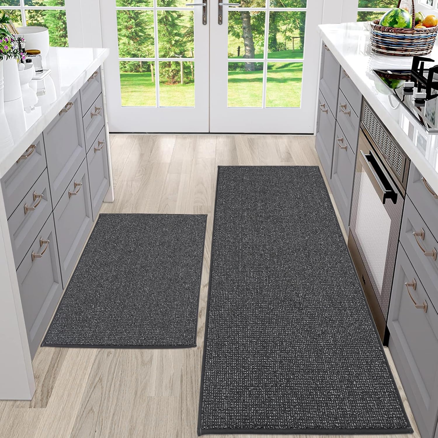 BEQHAUSE Kitchen Rugs and Mats 2PCS, Non-Slip Kitchen Mats for Floor, Absorbent and Stain Resistant Kitchen Runner, Machine Washable Rugs for Kitchen, Laundry & Sink, 20"x32"+20"x48", Charcoal 20"x32"+20"x48" Charcoal