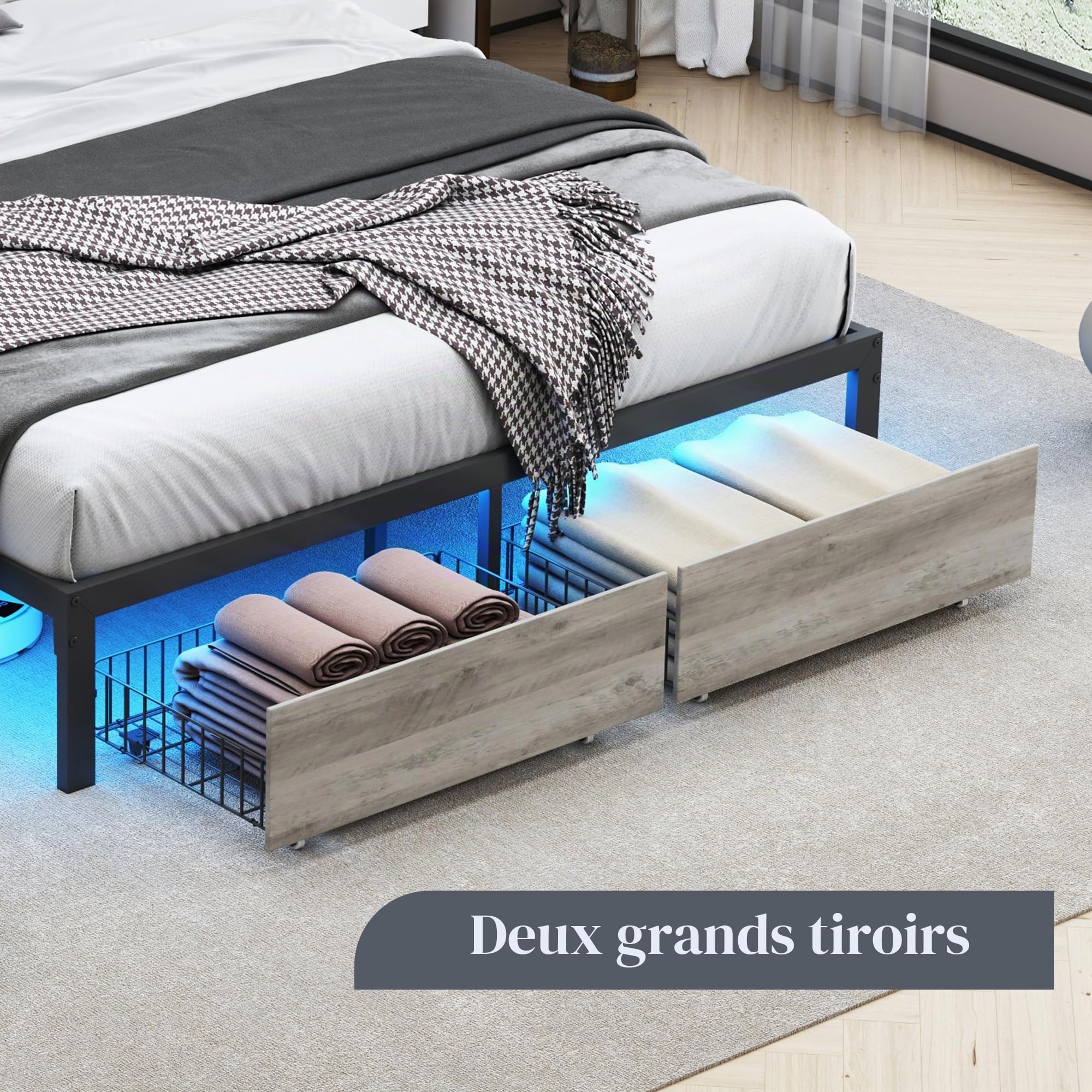 KeepGoon Lit en Bois de Fer 160 x 200 cm, Table de Chevet avec Barre Lumineuse et Port USB, Double tiroirs au Bout du lit, Lit Double Dossier rembourré, tête de lit avec Compartiment de Rangement, PU