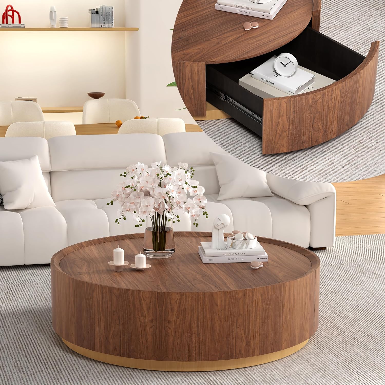 Round Coffee Table with Storage, Walnut Drum Coffee Table for Living Room, Circle Center Table Accent Table with Drawers for Apartment Small Space Balcony Office (Brown, 35.4, coffee table)