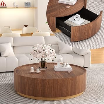 Round Coffee Table with Storage, Walnut Drum Coffee Table for Living Room | Circle Center Table Accent Table with Drawers for Apartment Small Space Balcony Office Brown, 35.4, coffee table