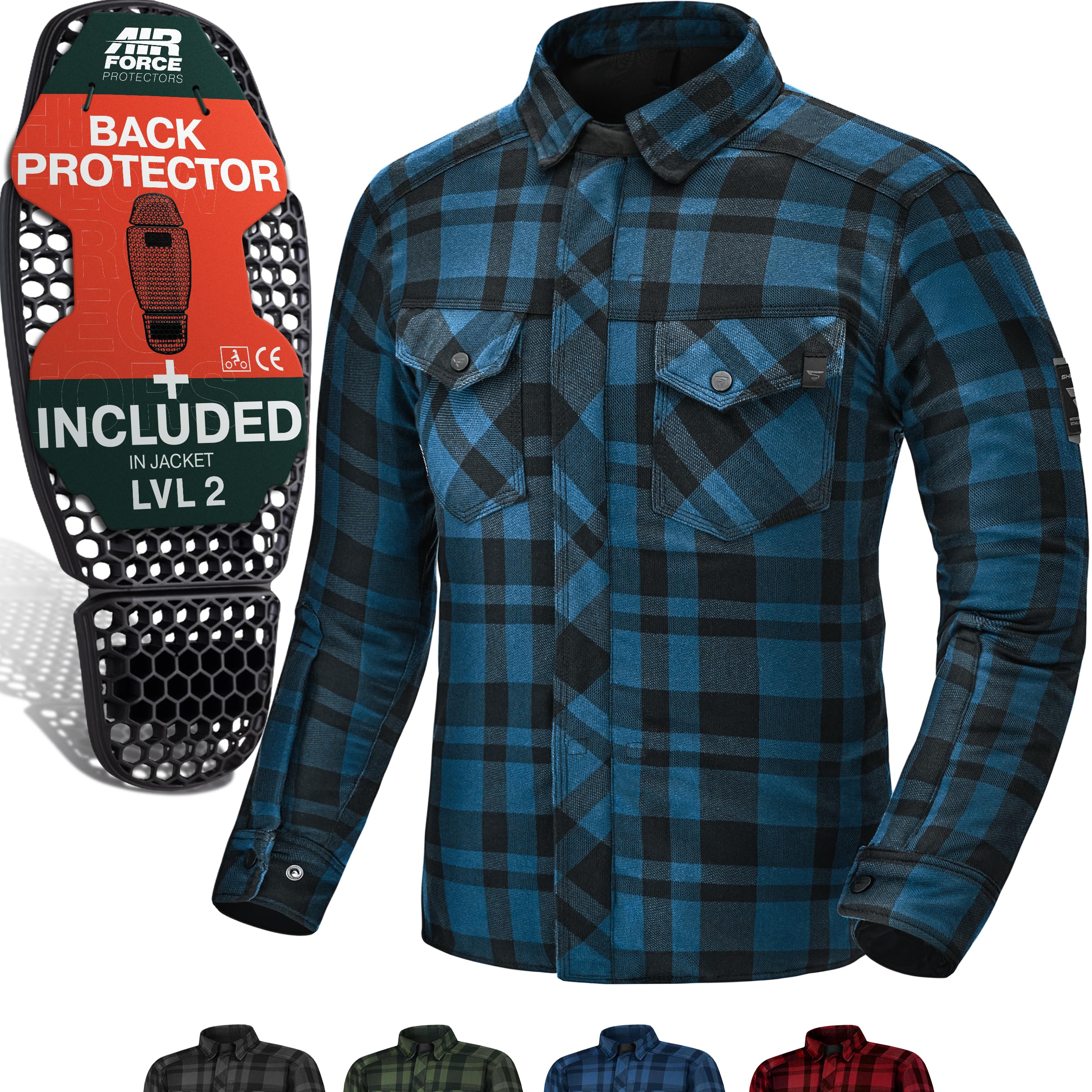 SHIMA RENEGADE MEN 2 Motorcycle Shirt for Men Armored Plaid Biker Flannel Jacket with Kevlar by DuPont layer, Back, Shoulder, Elbow Protectors, Zipper and Snap Closure (Blue, L)
