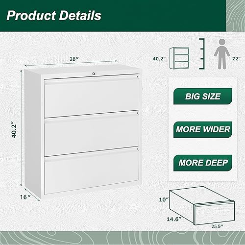 Miniatura 3 de Superday Archivador lateral de 3 cajones, archivadores blancos con cerradura, archivadores de metal con bloqueo, archivador de tres cajones