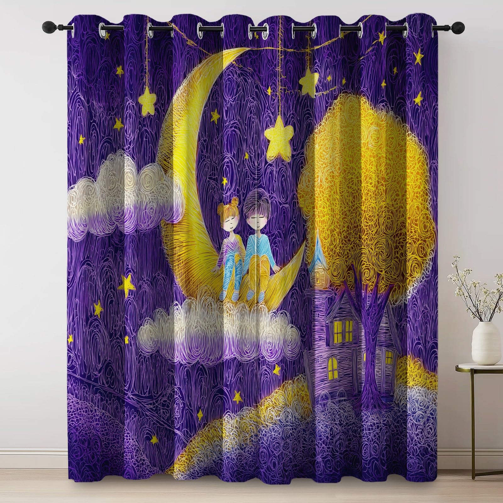 Nieprzezroczyste zasłony 70 l x 240 H cm (2 panele) miękkie i estetyczne, księżycowy design z postaciami z kreskówek, izolowane wiszące zapobiegające nagrzewaniu do dekoracji domu i salonu