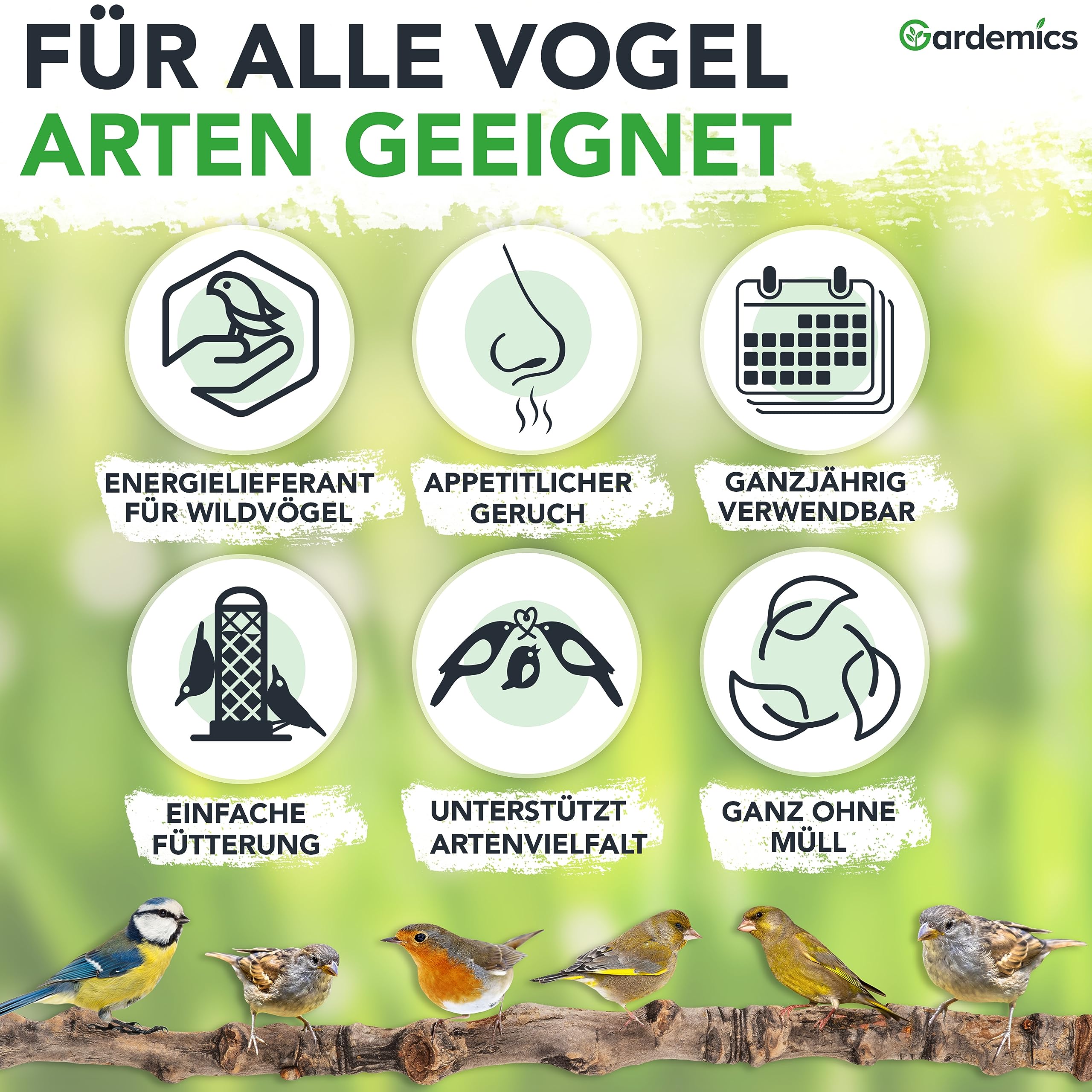 Gardemics Vogelfutter Wildvögel ganzjährig 10 Kg - Mit Mehlwürmern - Premium Protein Wildvogelfutter Ganzjahresfutter für Artenvielfalt im Garten