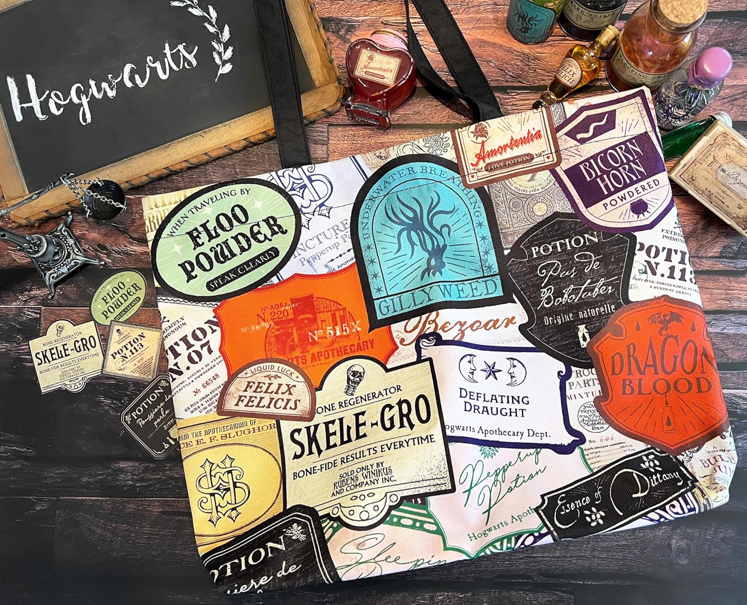 CON*QUEST Harry Potter Potions Labels Tote Bag, Durable Woven Polyester, Snap Closure, Patterned Inside Pocket, Elastic Wand/Pen Loop, 18''x14''x4'', Officially Licensed Wizarding World Merchandise - Image 3