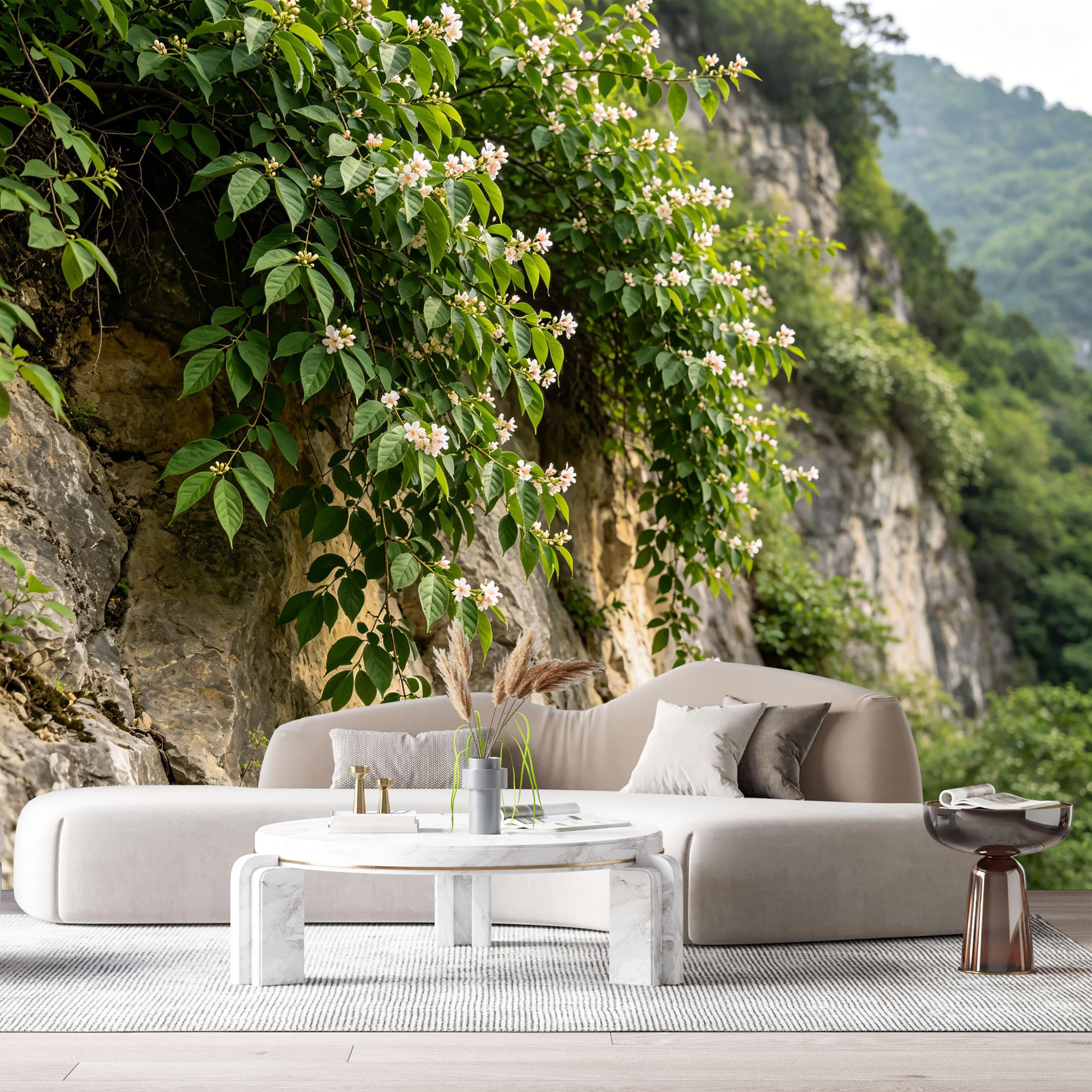 Custom Size Wall Murals Mountain Cliff Botanical Green Leaves White Flowers Landscape SelfAdhesive Wall Fabric Removable Large Wallpaper for Photo Living Room