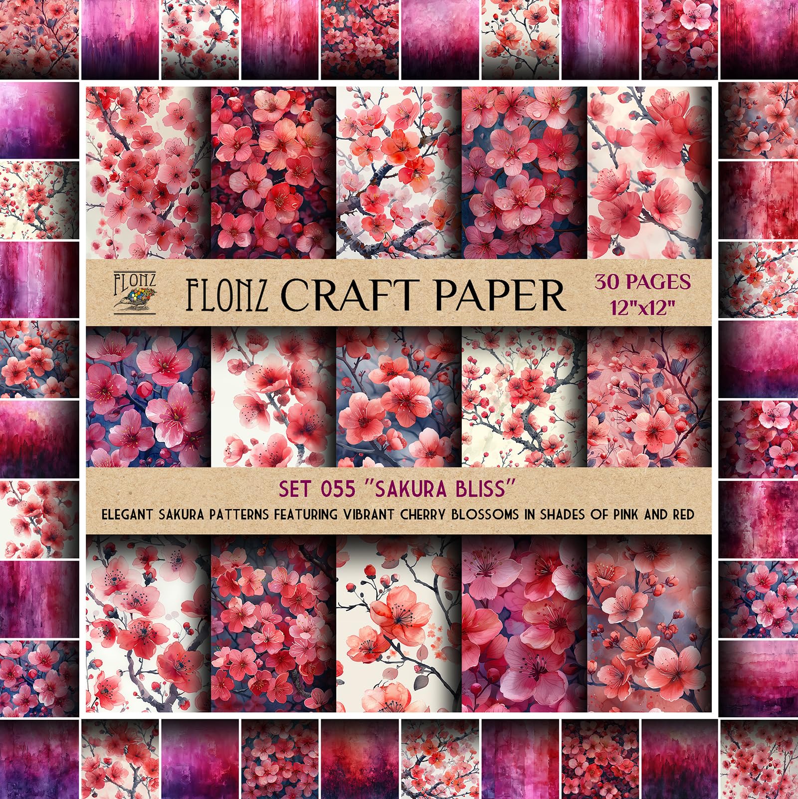 Scrapbook Paper (30 Pages 12"x12") Sakura Bliss: Elegant Sakura Patterns Featuring Vibrant Cherry Blossoms in Shades of Pink and Red FLONZ Vintage