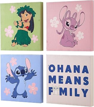 Disney Lilo & Stitch and Angel Canvas Wall Art 4-Piece Set for Kids Room Decor, Each Print 12"x12", Colorful and Fun Artwork for Bedroom, Nursery, or Playroom