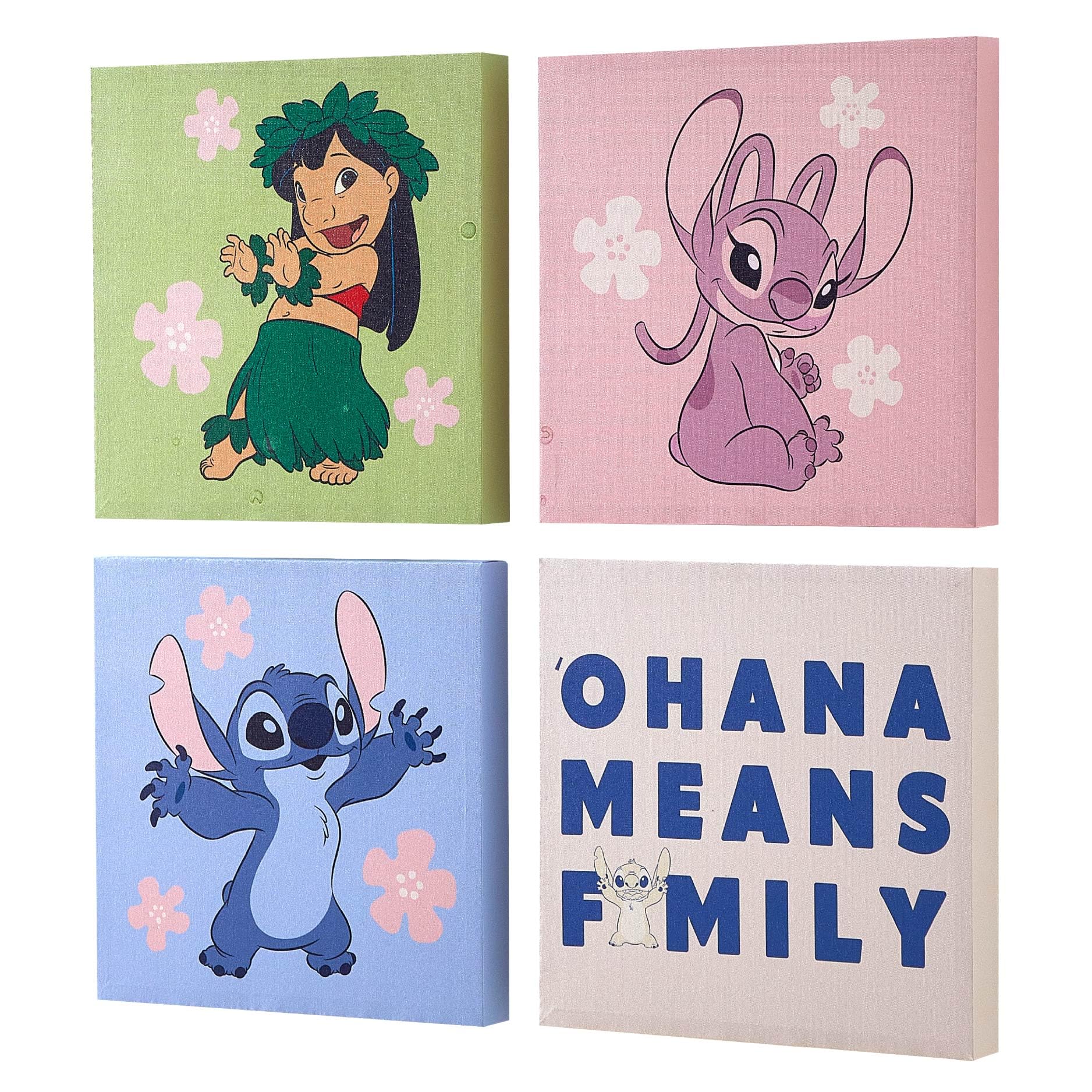 Disney Lilo & Stitch and Angel Canvas Wall Art – 4-Piece Set for Kids’ Room Décor, Each Print 12"x12", Colorful and Fun Artwork for Bedroom, Nursery, or Playroom