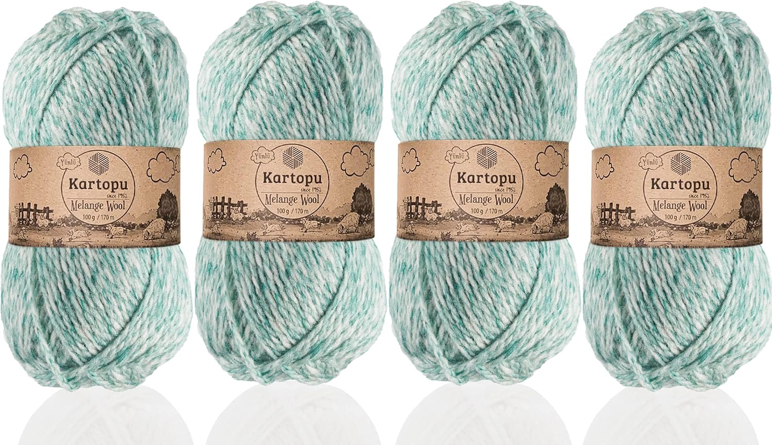 Kartopu Melange Wool,Wool Knitting Rope (4Balls) Each Skein(Ball) 3.53 Oz (100g)It is Very Soft and Gives an Amazing Woolly Feeling to Your Knit Pieces (Grade Water Green 9000)