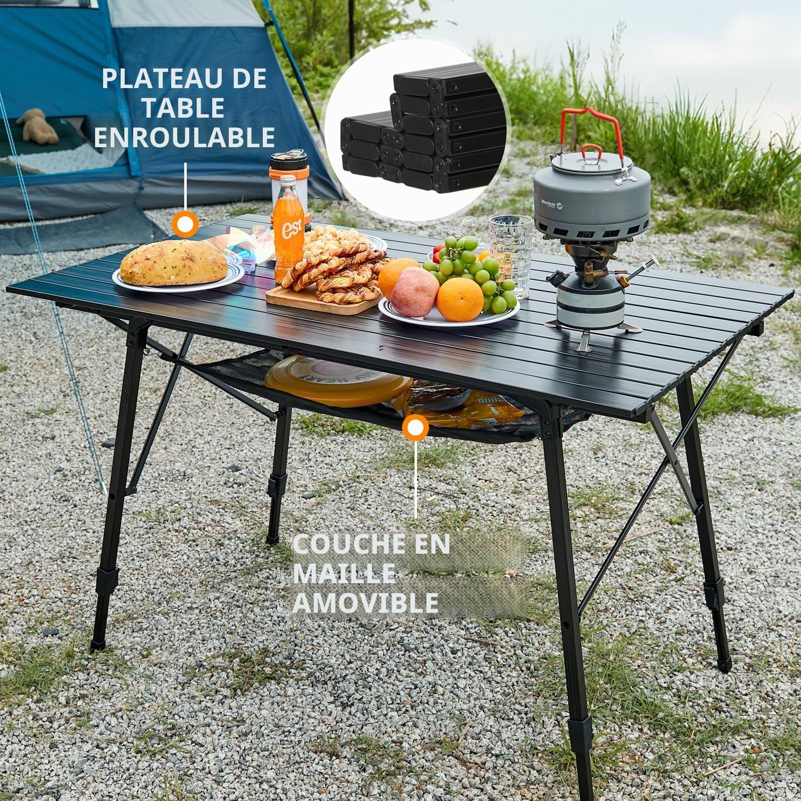 PORTAL Table de camping pliable avec pieds réglables en hauteur de 120 cm, portable, pliable, en aluminium, légère, pour plage, pêche, jardin, barbecue
