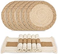 Zology Handmade Boho Placemats Set of 12 - Natural Cotton Burlap & Water Hyacinth Woven Square & Round Mats, Farmhouse Macrame Table Protectors
