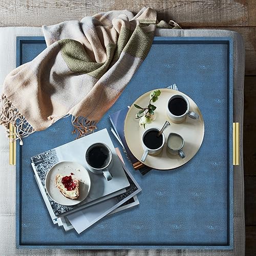 Miniatura 8 de HofferRuffer Bandeja cuadrada extra grande, elegante bandeja otomana de piel sintética con asas doradas, sirve té, café o desayuno en la cama, 24 x