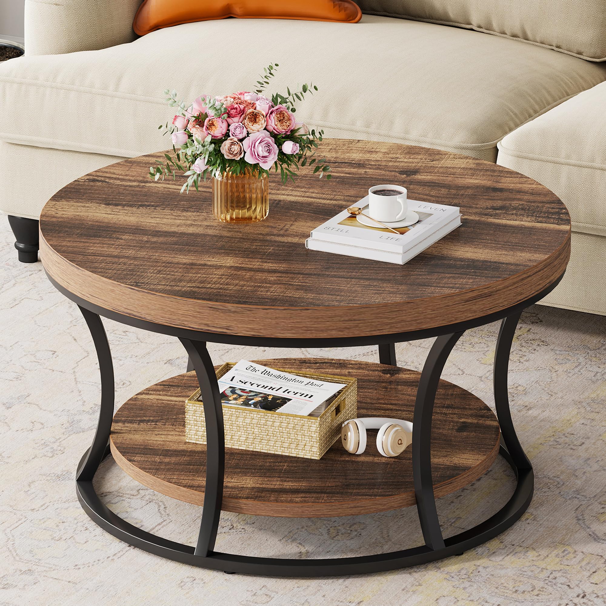 Condemo rustic brown and black round coffee table with two-tier storage