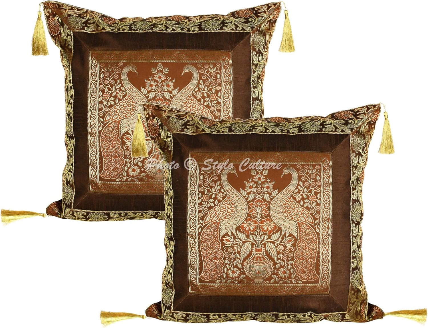 Ethnic Decorative Couch Sofa Toss Throw Pillow Cases 45x45 cm Brocade Hallway Decor Coffee Brown Peacock Jacquard Tassels Square Zippered Bohemian 18x18 Inch Cushion Covers - 2 Pcs
