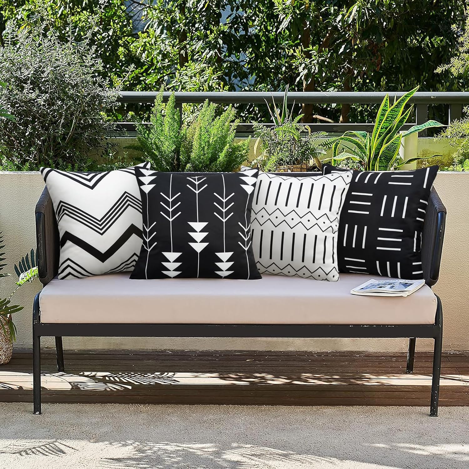 Pyonic Black and White Outdoor Pillow Covers 18x18 Inch for Patio Furniture | Set of 4 ,Waterproof,Boho Geometric Striped, Outside Patio Pillows, For Porch Garden