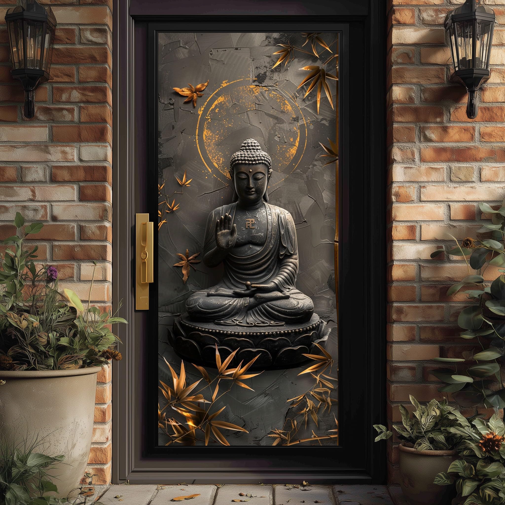 Asiatischer Stil Buddha Türaufkleber Orientalische Blätter Türfolie Selbstklebende Zen Gold Türfolie Türtapete Türposter, PVC Wasserdichte Fototapete Wandbild DIY Türtapete Selbstklebend 95x210 cm