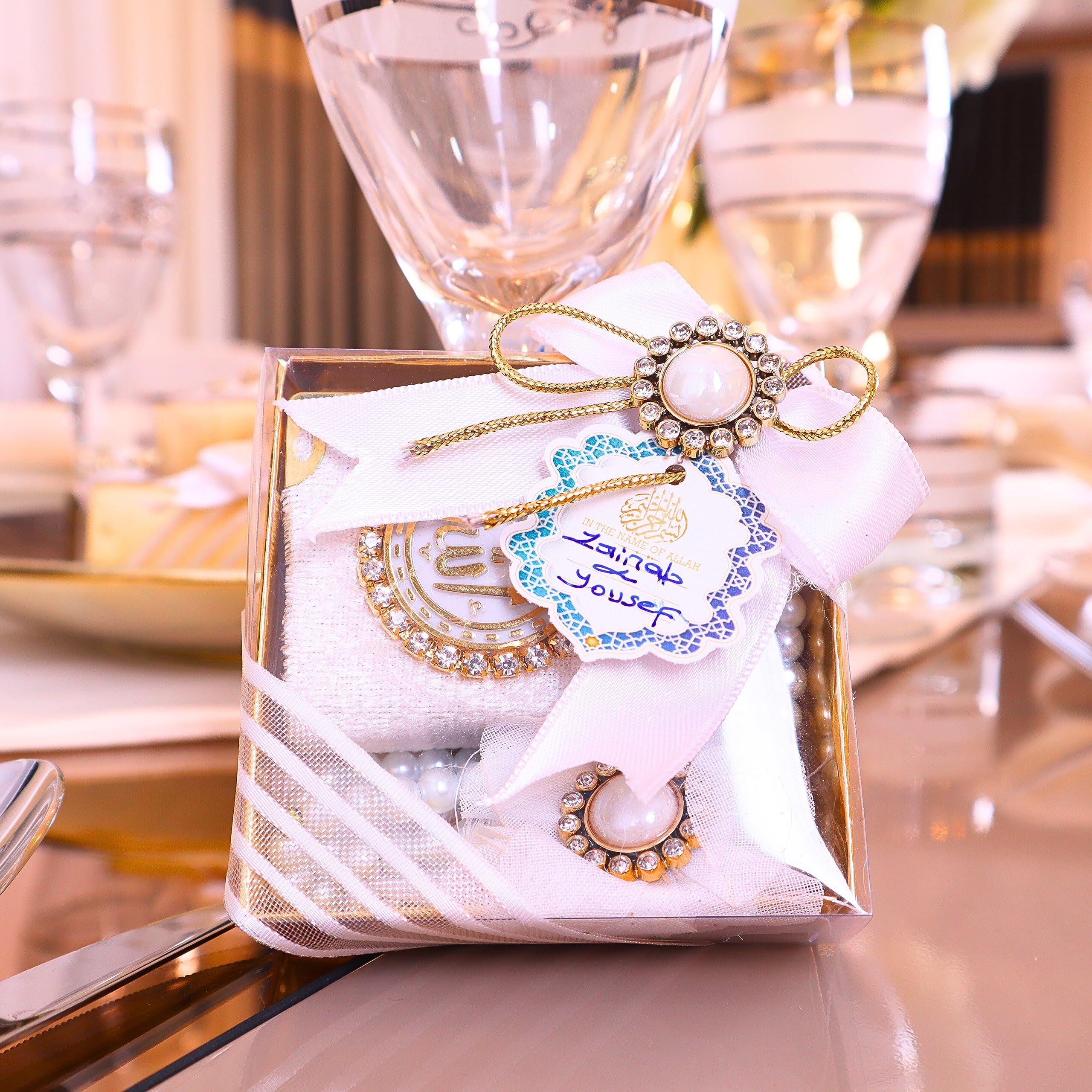 IEF 5 Pcs Personalized Mini Quran Tasbeeh Islamic Gift Set, Wedding Nikkah Engagement Baby Shower Birthday Ramadan Eid Islam Muslim Party Favors for Guests in Bulk (White)