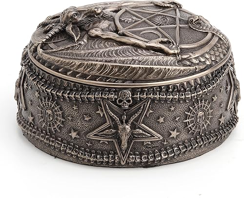 Miniatura 5 de Veronese Design 5 1/4 pulgadas Wiccan pentagram Baphomet Oval en forma de baratija caja de baratija Escultura de resina Acabado de bronce
