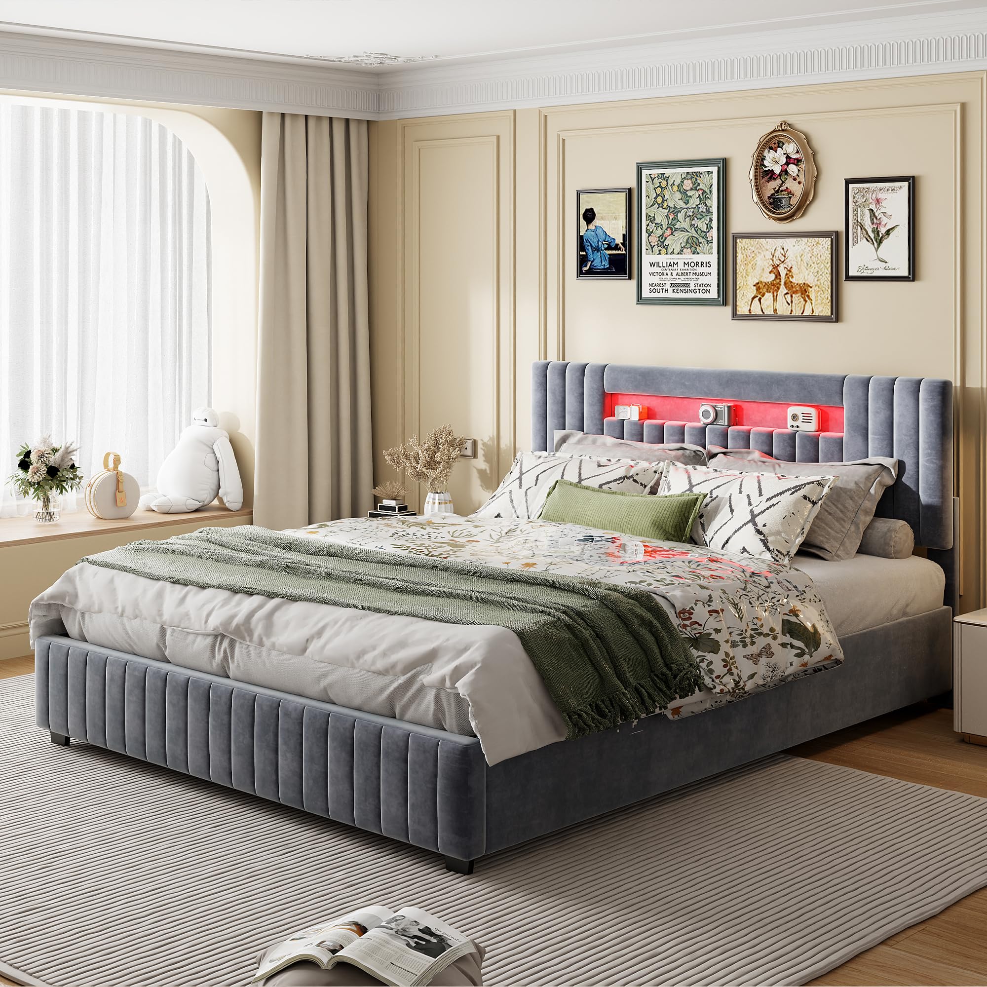 BRILVERDE Polsterbett 140x200cm - Stauraumbett Mit Hydraulik Samt Grau