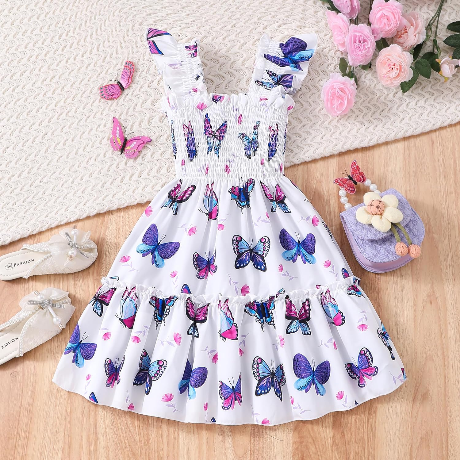 Toddler Girl Dress Kids Ruffle Sleeve Floral Smocked Sundress Sleeveless Swing Tiered Dresses 2-8 Years Purple Butterfly 3-4T image 3 of 6 B0F13LSQRH