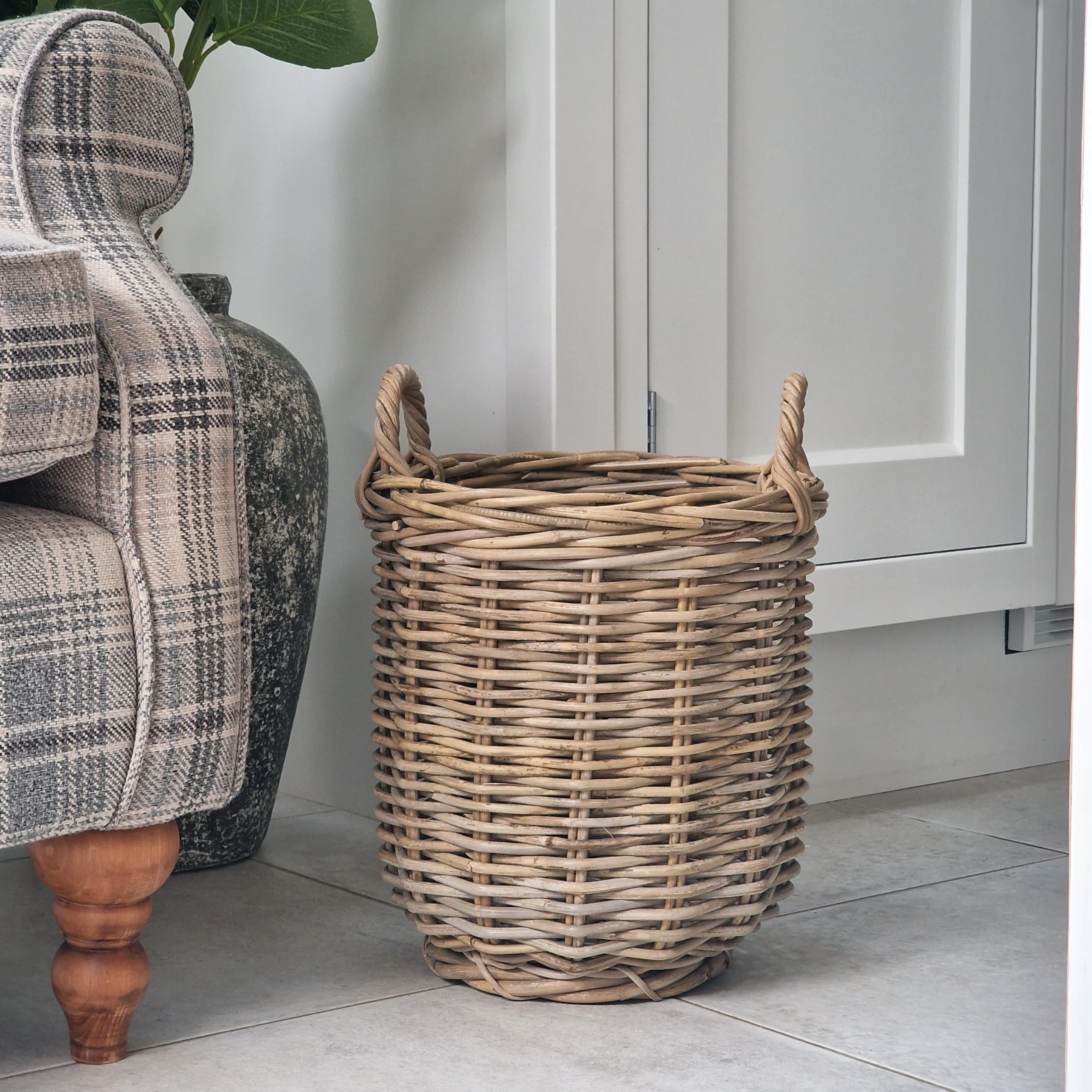 Handwoven Natural Wicker and Rattan Storage Basket with Handles - Small Round Log Basket for Plants