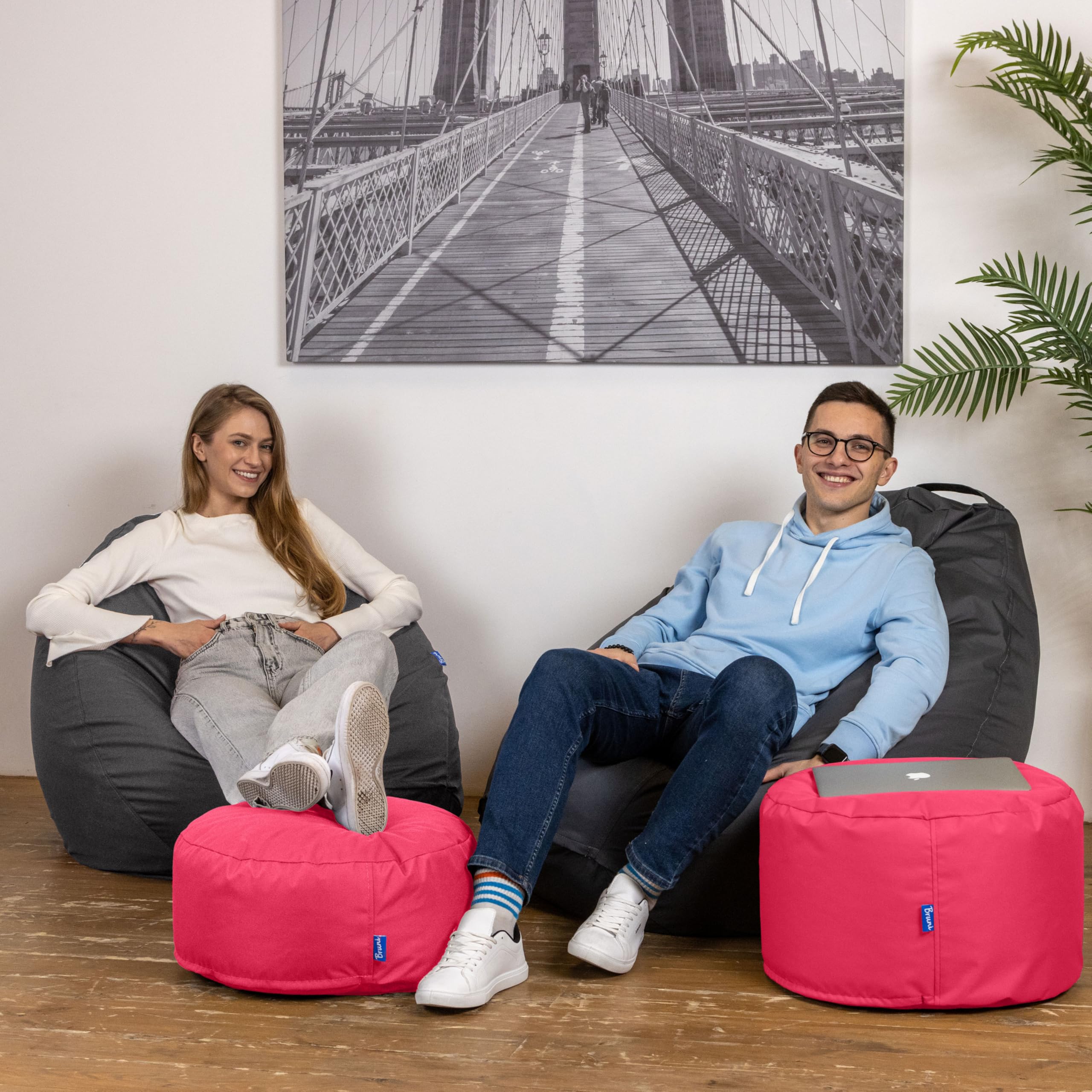 Bruni Pouf Rotondo L Rosa – Pouf poggiapiedi per interni ed esterni, Sgabello a sacco con imbottitura in perle EPS, Cuscino rotondo da Yoga e meditazione, Fodera lavabile