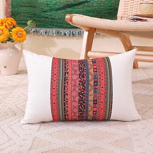 Miniatura 5 de funda de almohadón pequeño para sofá, con forro de mezcla de algodón, estilo antiguo bohemio, a rayas de color rojo, dorado, verde y azul, funda de