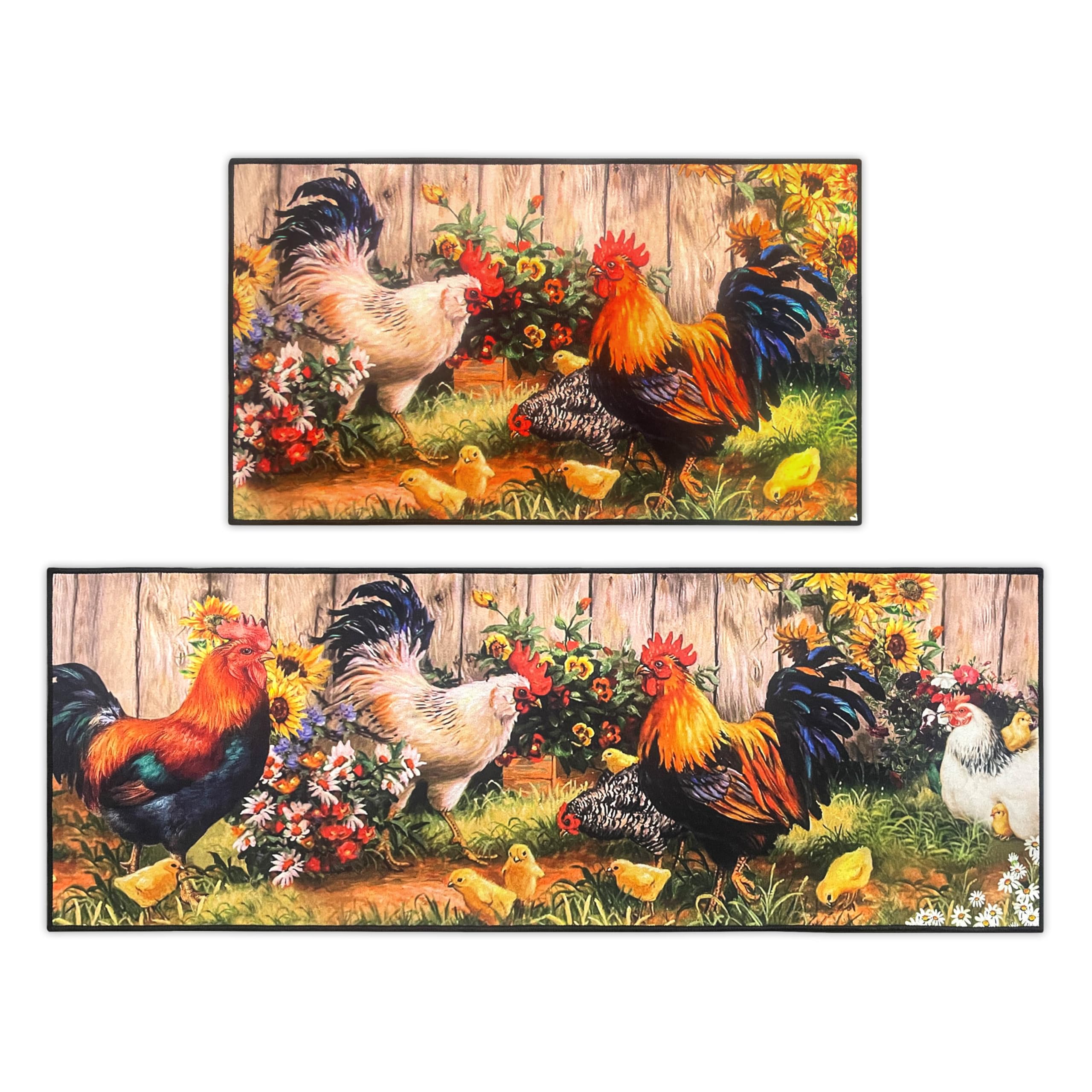 Rooster Kitchen Rug 2 Piece Set, Country Farmhouse Style Sunflower Decor Floor Mats, Absorbent Washable Non-Slip Runner Carpet, Chicken Home Indoor Decorative 17x30+17x47 Inches