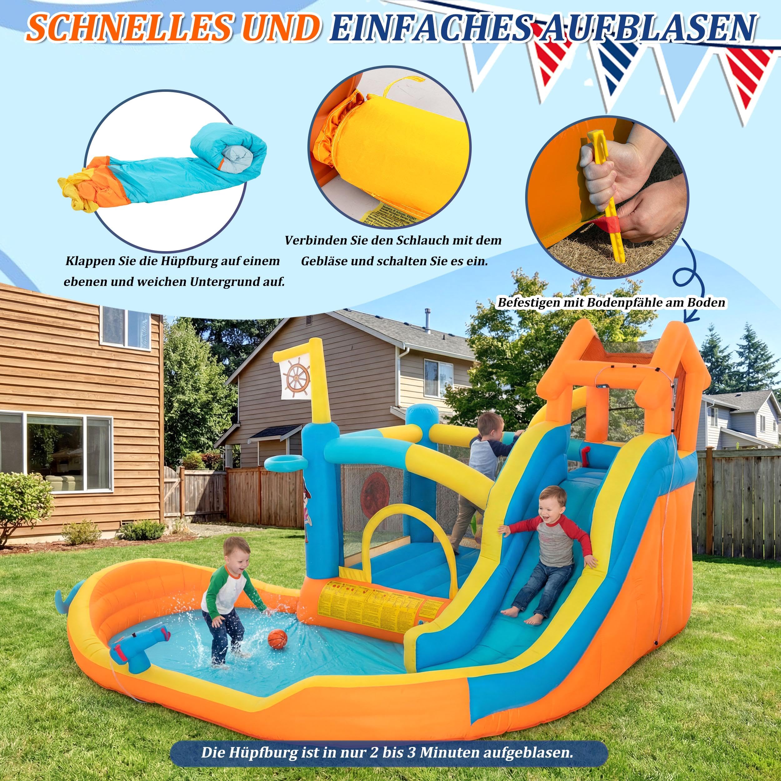 UEV Aufblasbare Hüpfburg XXL Indoor & Outdoor mit Gebläse 450W, extra breiter Wasserrutsche, für Kleinkinder (3-10 Jahre), EN71-1/2/3, Kindergeburtstag (414 x 364x 244 cm)