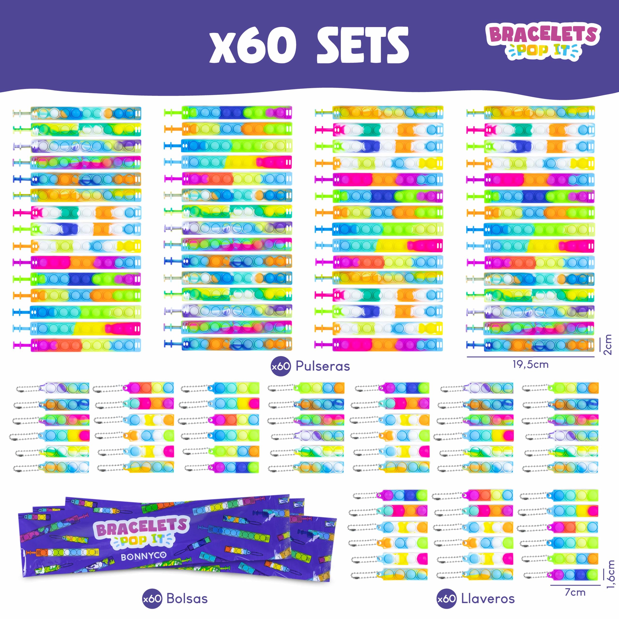 BONNYCO Pulseras y Llaveros Pop It Pack 60 Regalos Cumpleaños Niños Colegio. Detalles Cumpleaños Niños, Relleno Piñata Infantil. Fidget Toy para Regalitos Invitados, Regalos Alumnos Primaria