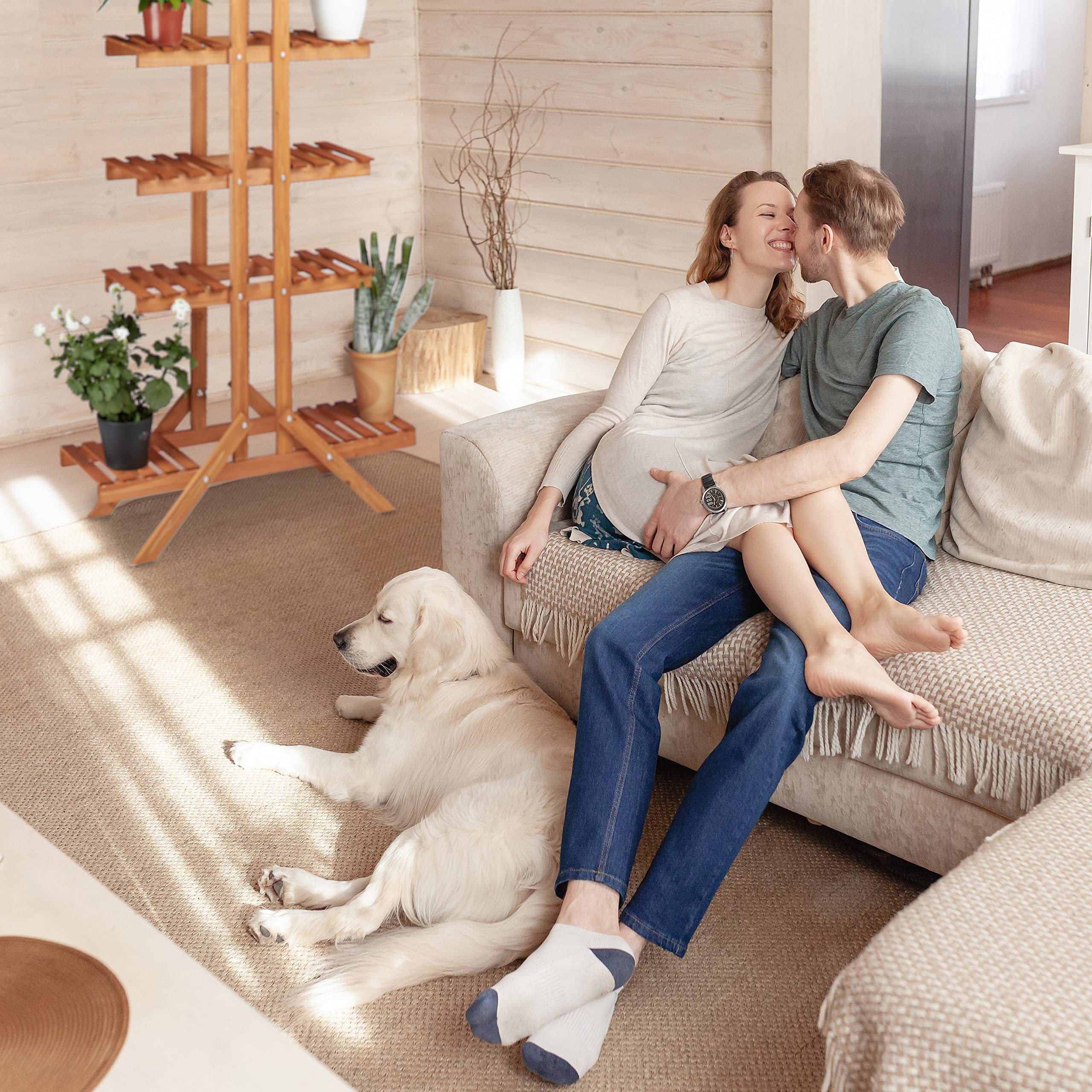 Relaxdays Soporte Plantas para Interior 5 Niveles, Madera, Marrón claro, 142,5 x 83 x 28,5 cm