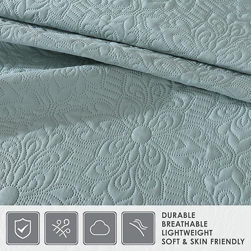 Miniatura 5 de Juego de ropa de cama Queen de 3 piezas, edredón azul aguamarina, colcha ligera de microfibra en relieve tamaño Queen para todas las estaciones (1