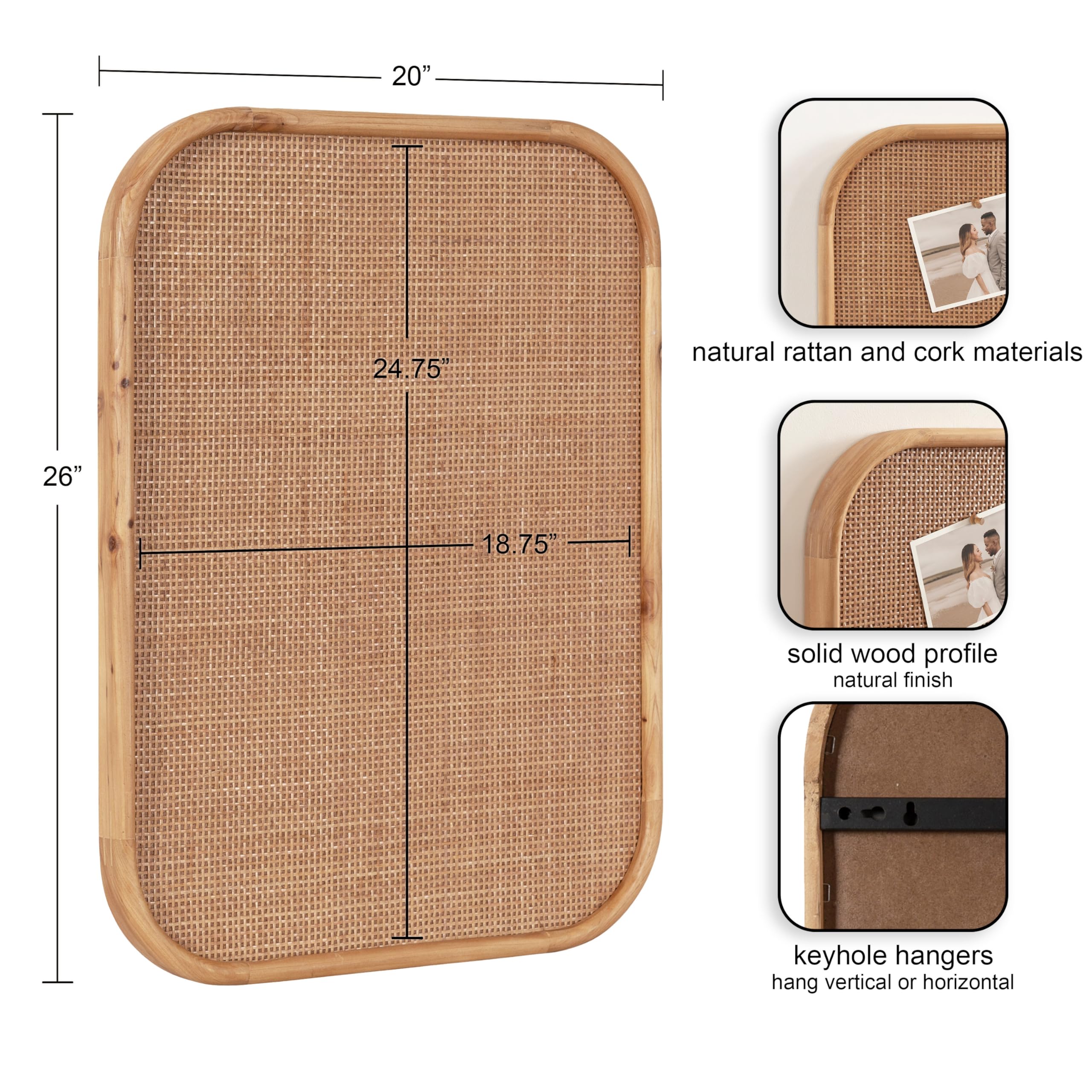 Kate and Laurel Planche Modern Rattan Wall Pinboard, 20 x 26, Natural Wood, Boho Rounded Rectangle Wall Organizer for Use as Cork Board, Vision Board, or Bulletin Board