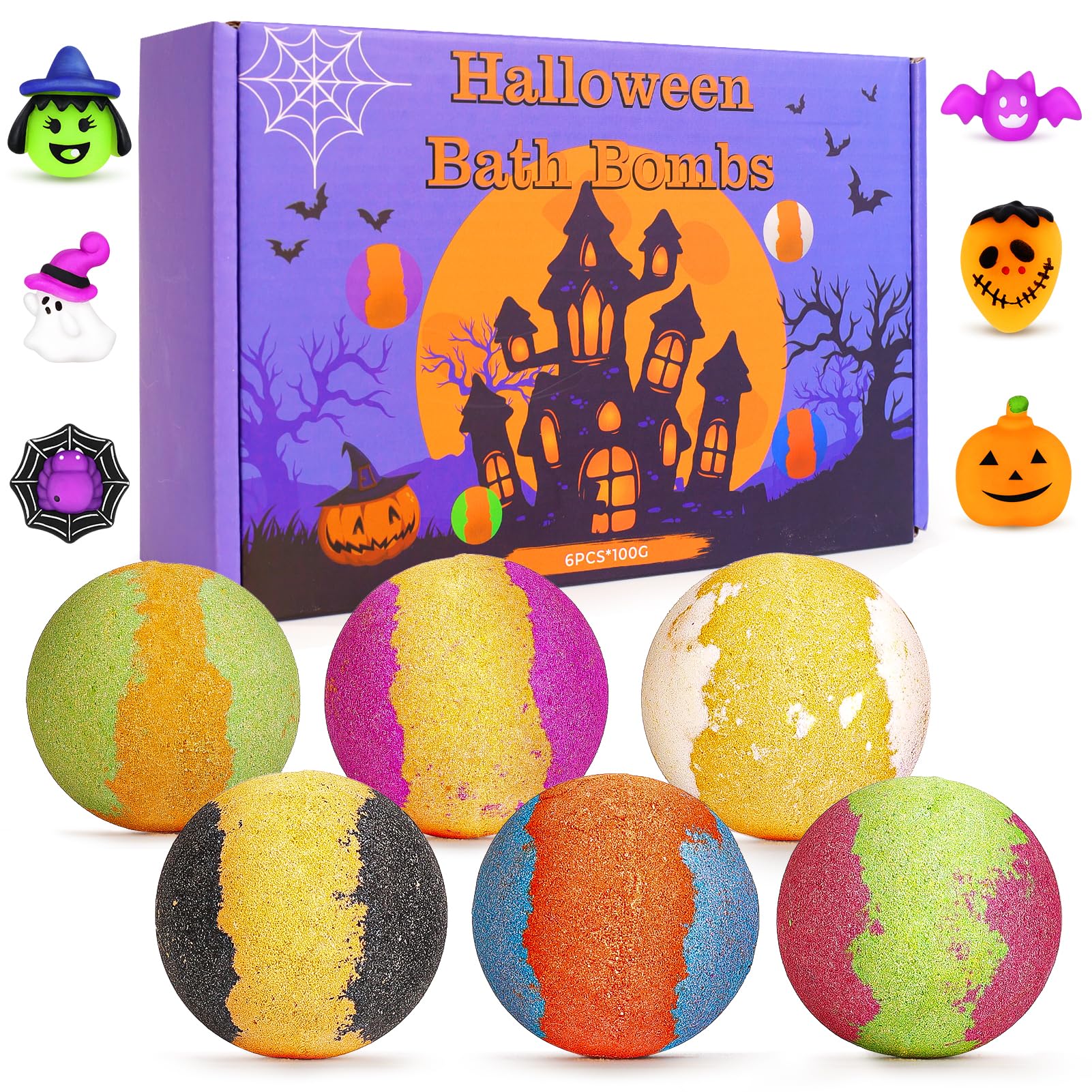 NPET Halloween Bath Bombs for Kids 6pcs Spooky Themed Bath Fizzies with Surprise Squishy Toys Inside Fun and Relaxing Bath Time Experience Ideal Halloween Favor for Boys and Girls