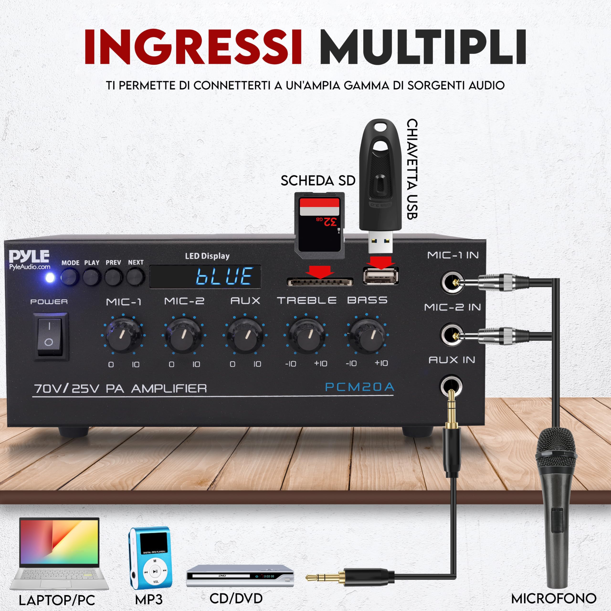 Pyle Amplificatore Audio Stereo Compatto 40 Watt, Ricevitore Audio Mini Smart con AUX, 2 Ingressi Microfono, Compatibile con Altoparlanti da 8 Ohm, 25V/70V, Selettore LED per Uscite Altoparlanti