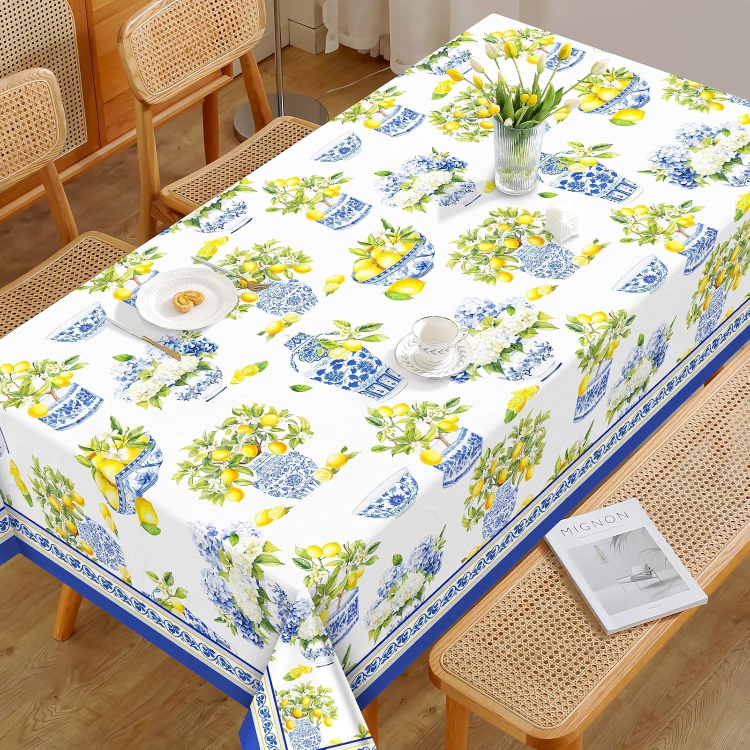 Summer Lemon Tablecloth Waterproof, Floral Table Cloth Rectangle Stain Resistant, Washable Table Cover for Home Kitchen Dining Party Decoration (55×70 Inch)