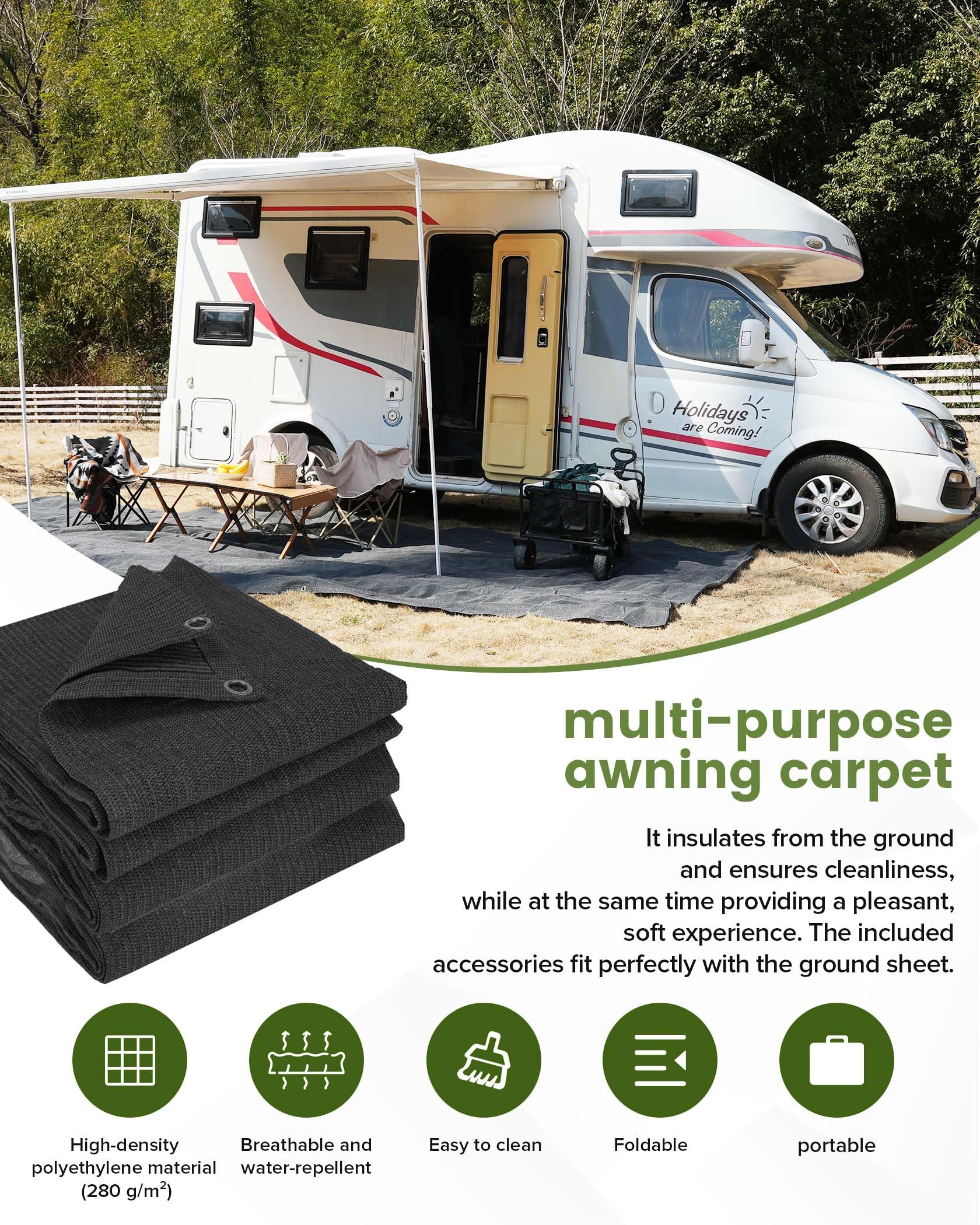 FoundGo Vorzeltteppich mit Ösen [280g/m² HDPE] Camping Teppich Outdoor Vorzeltboden inkl. Tragetasche Stahlnägel & Kleiner Besen Blau/Grau