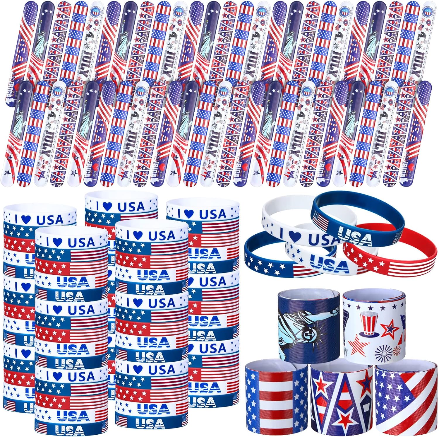 Jexine 150 Pcs 4th of July Accessories Include 75 Slap Bracelets and 75 American
